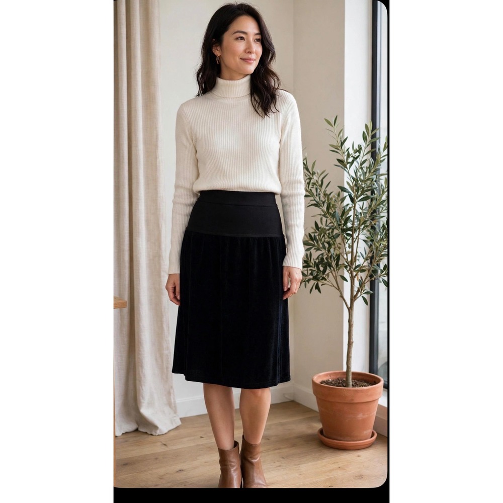 Loominus Black Handwoven Rayon Chenille Midi Skirt Medium Made in USA